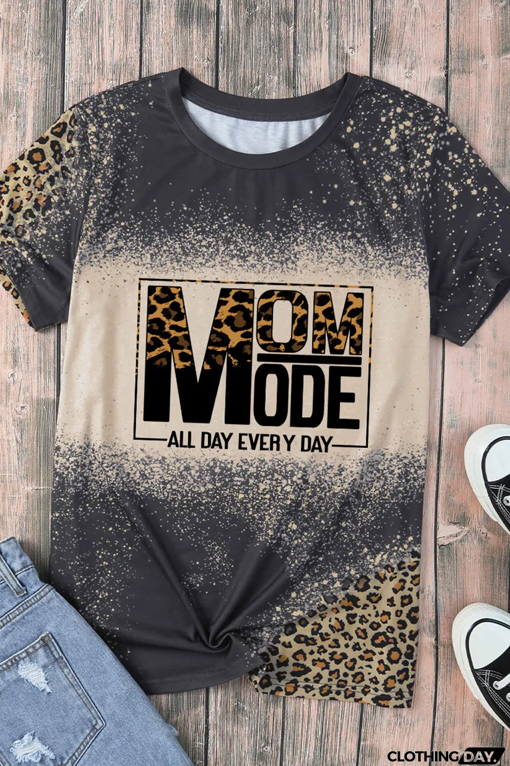 Gray MOM MODE Leopard Bleach Print Vintage Graphic Tee