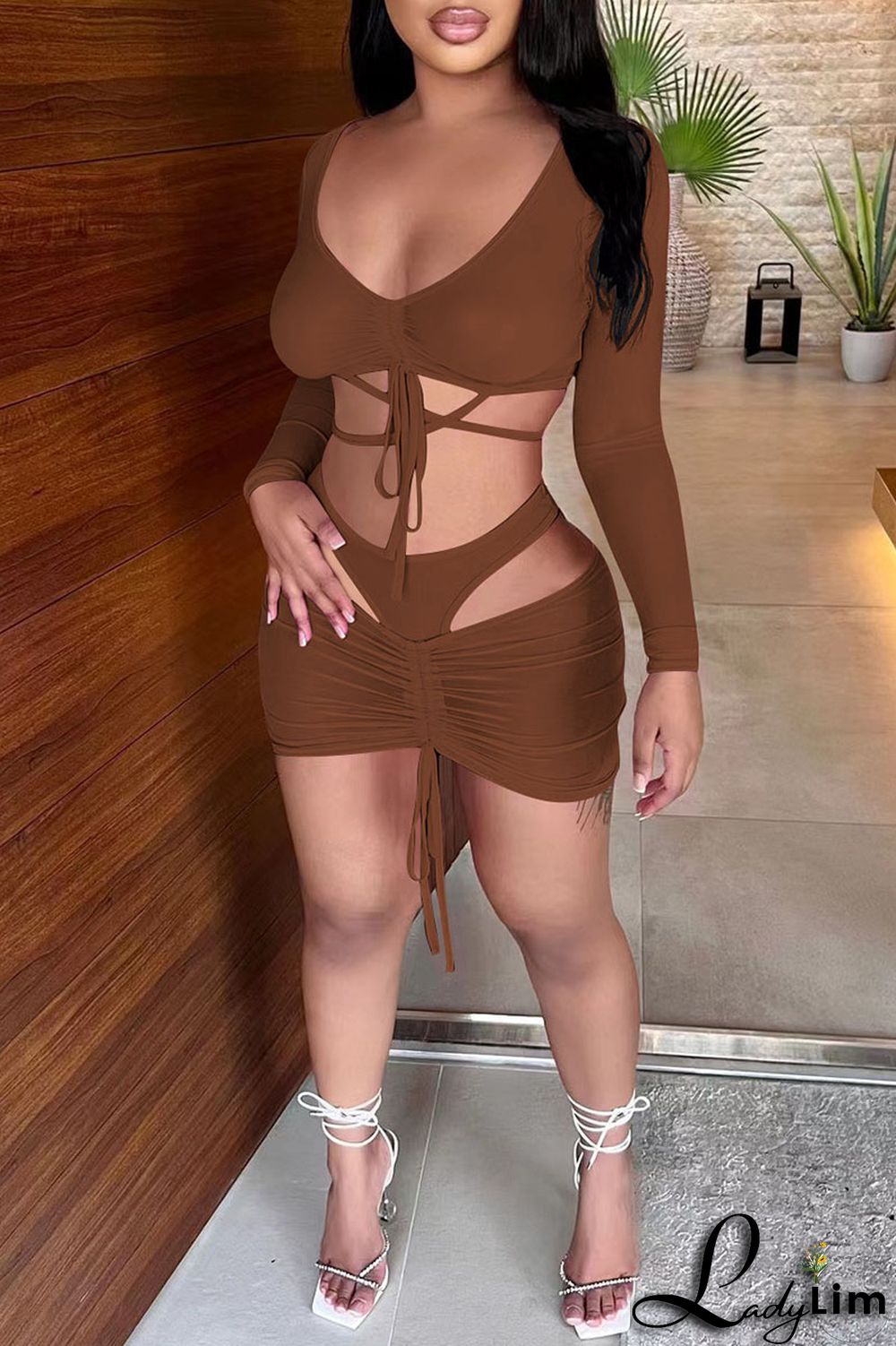 Pink Fashion Sexy Solid Bandage V Neck Long Sleeve Two Pieces