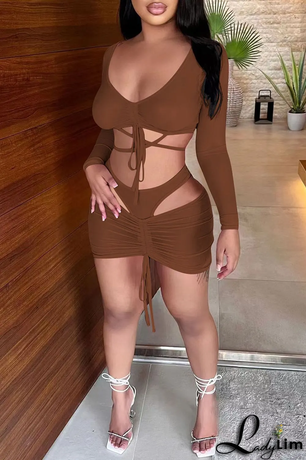 Pink Fashion Sexy Solid Bandage V Neck Long Sleeve Two Pieces