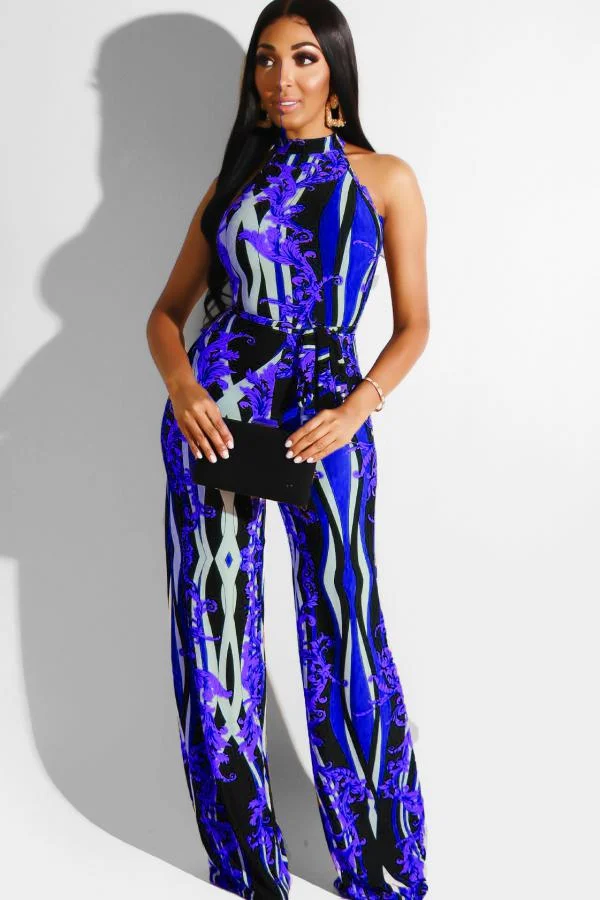 Blue Sexy Fashion Print Backless Asymmetrical Hollow Polyester Sleeveless Asymmetrical Collar