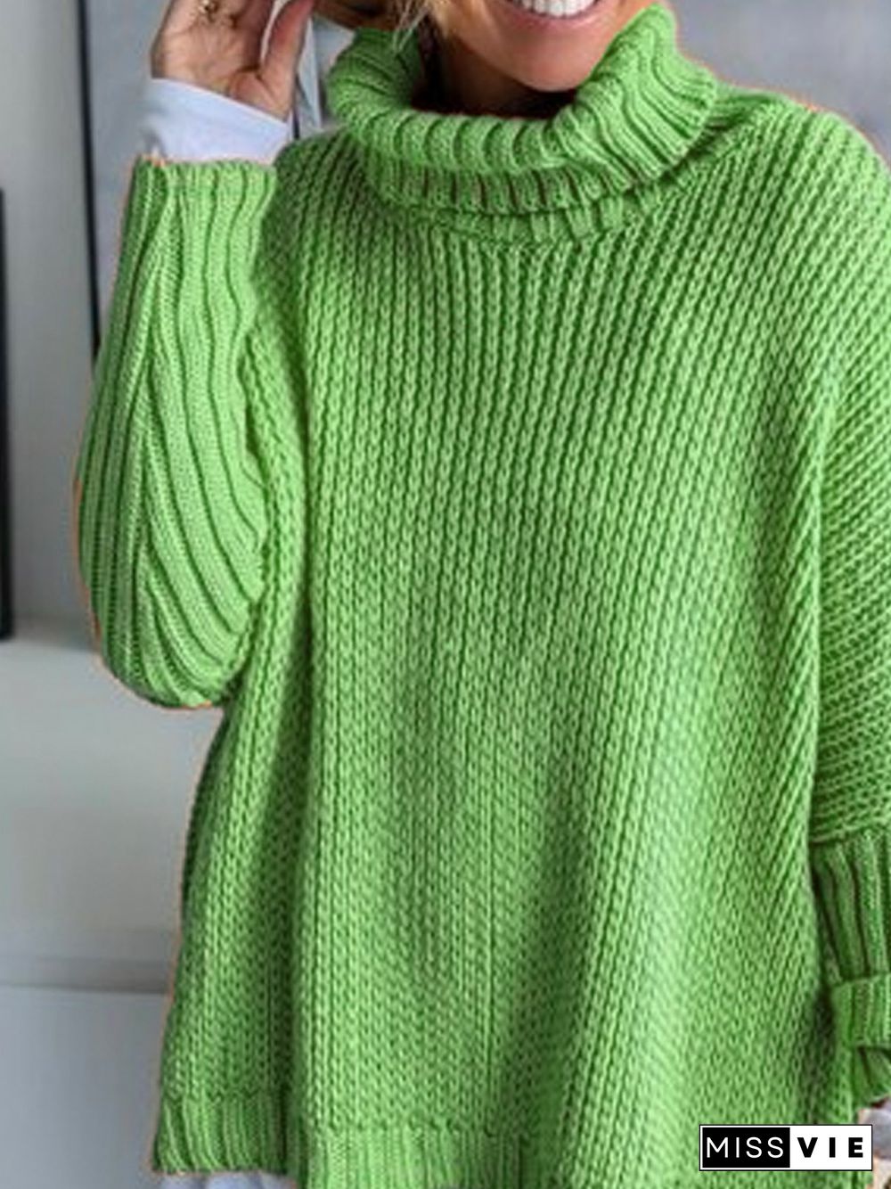 Women Basics Winter Solid Daily Plus Size Long sleeve Turtleneck Cotton-Blend Sweater