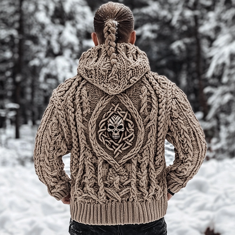 Men's Viking Skull Jacquard Celtic Style Knitted Hooded Sweater