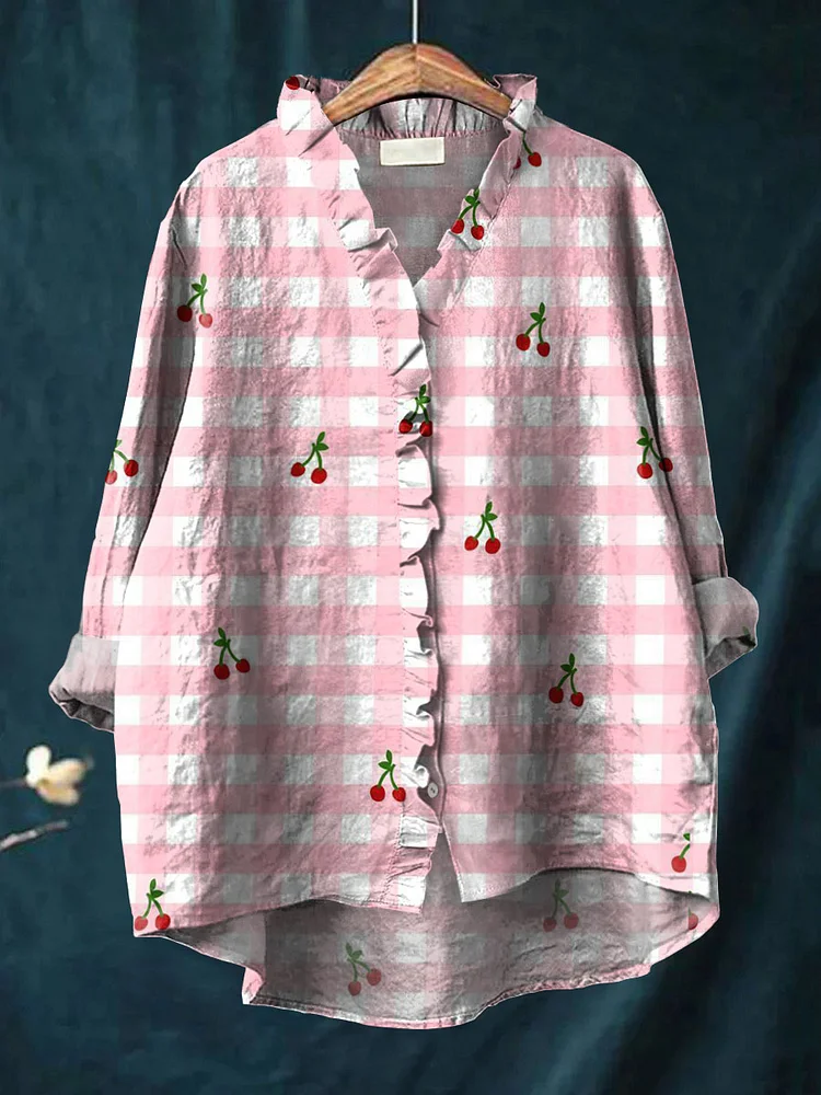 Women's Lovely Cherry Plaid Pattern Art Print Casual Cotton And Linen Ruffle Shirt