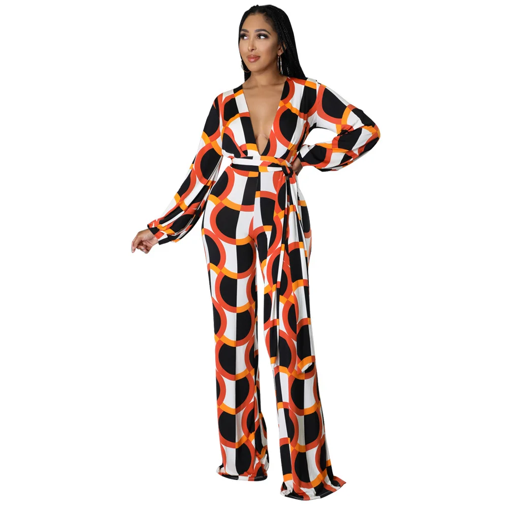 Ueong Women Print Wide Leg Jumpsuits Casual Geometric Patterns Long Sleeve Sashes One Piece Overalls Jumpers Party Club Outfits