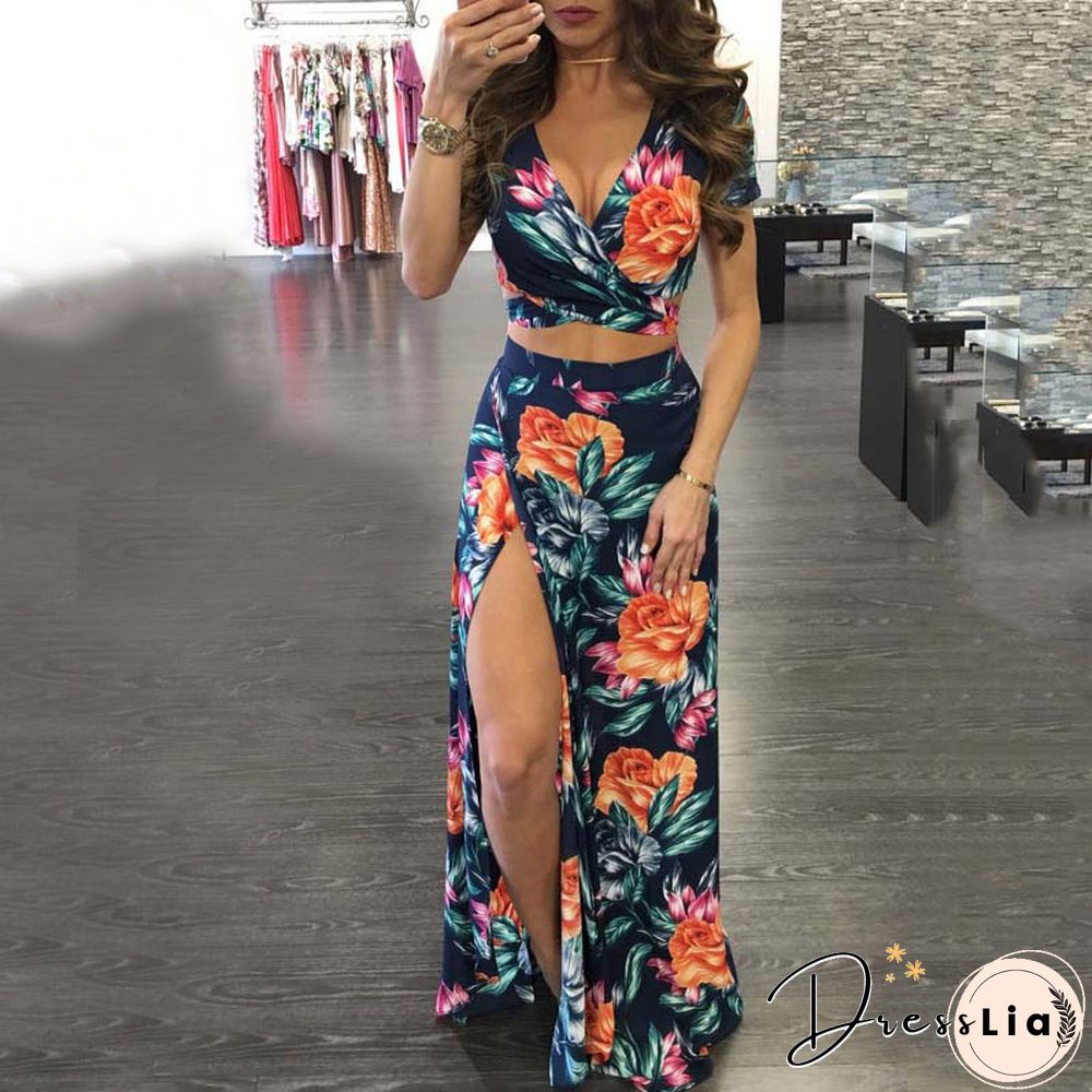 Summer Printed Set Woman Flower Two Piece Skirt Women Floral Crop TopAnd Suits Party Boho