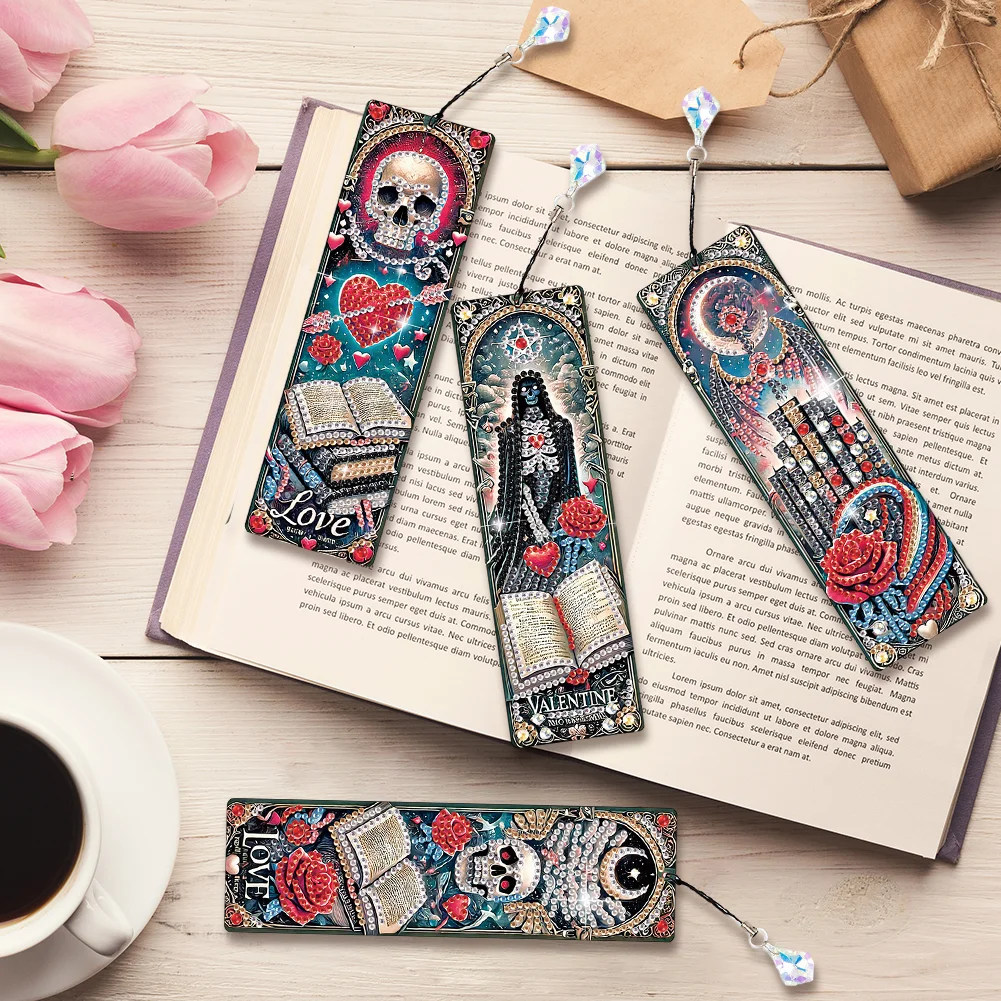 4Pcs Skull Heart Themed DIY Diamond Painting Bookmark for Reading Enthusiasts