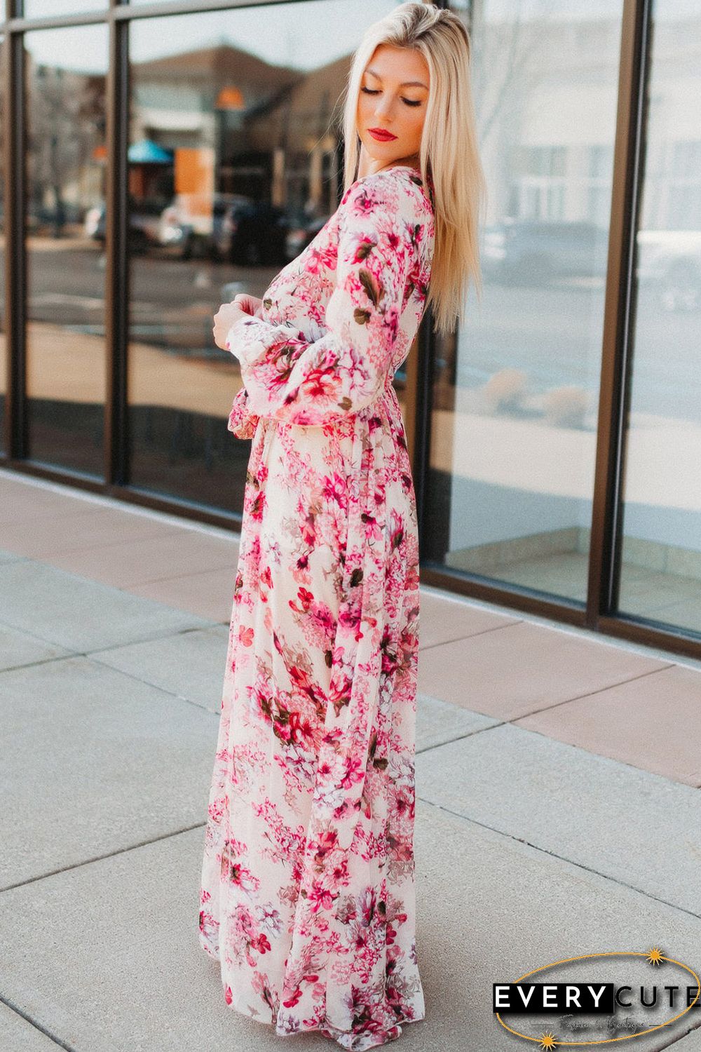 Pink Wrap V Neck Floral Maxi Dress