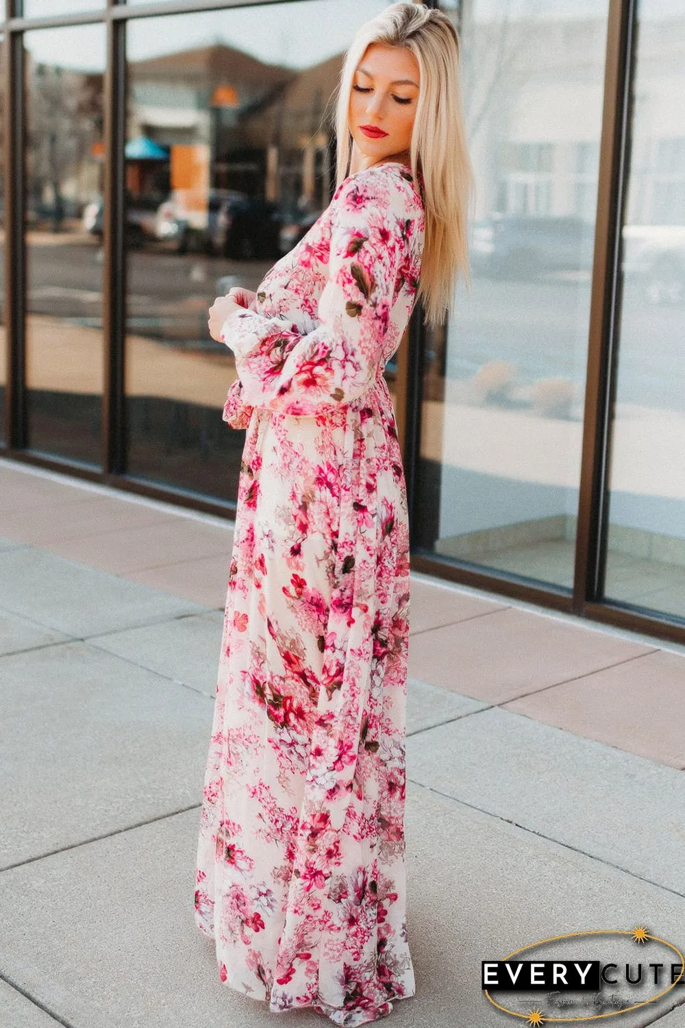 Pink Wrap V Neck Floral Maxi Dress