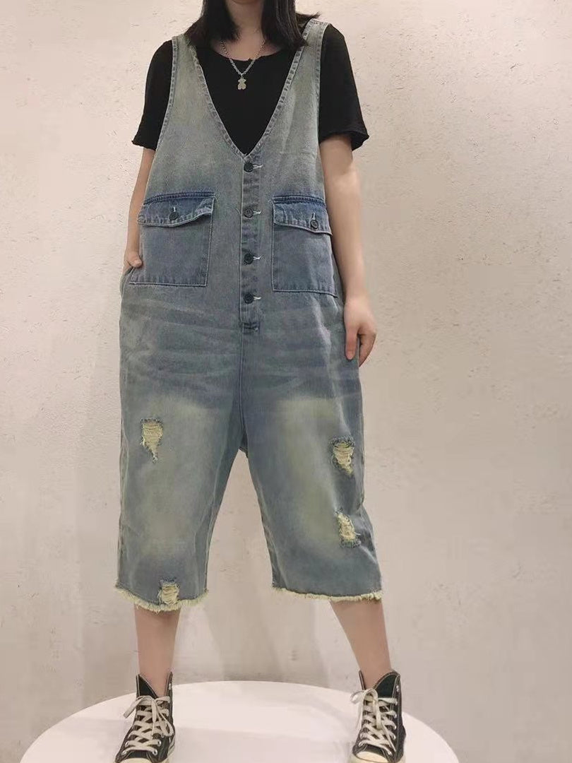 Women's Loose Hole Casual Retro Cropped Workwear Denim Overalls Jumpsuit
