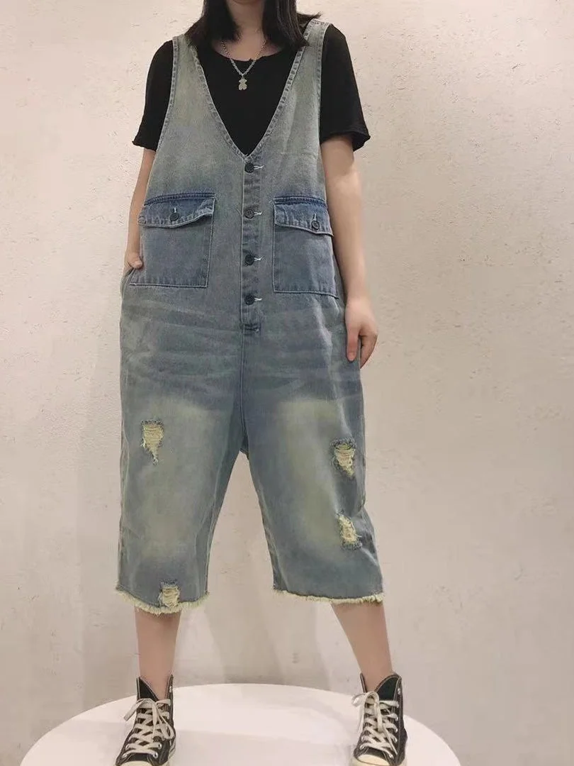 Women's Loose Hole Casual Retro Cropped Workwear Denim Overalls Jumpsuit