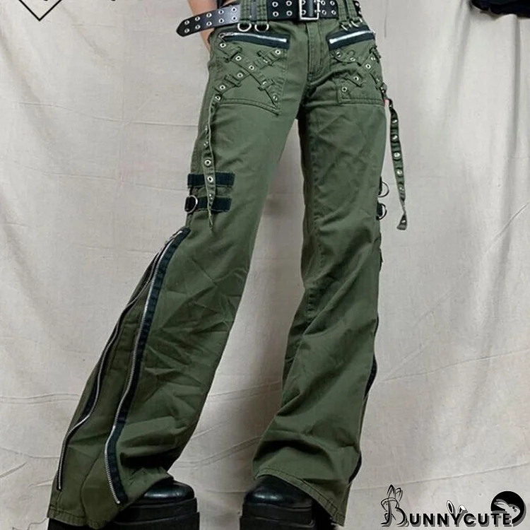 Women's Punk Alternative Low Rise Zipper Slit Denim Casual Wide Leg Pants