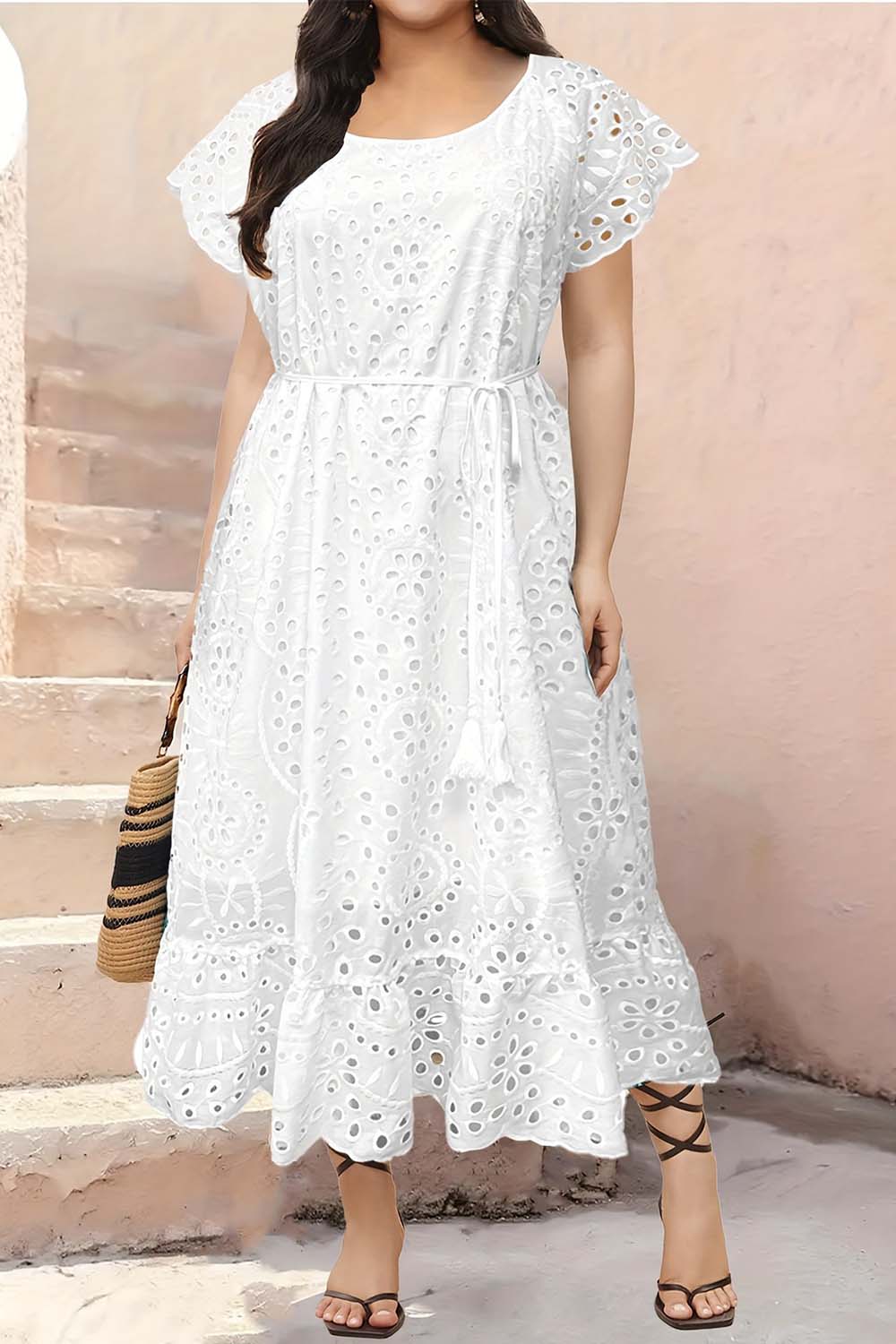 Plus Size Everyday White Hollow Out Ruffle Hem Midi Dress 2024 - Flycurvy 