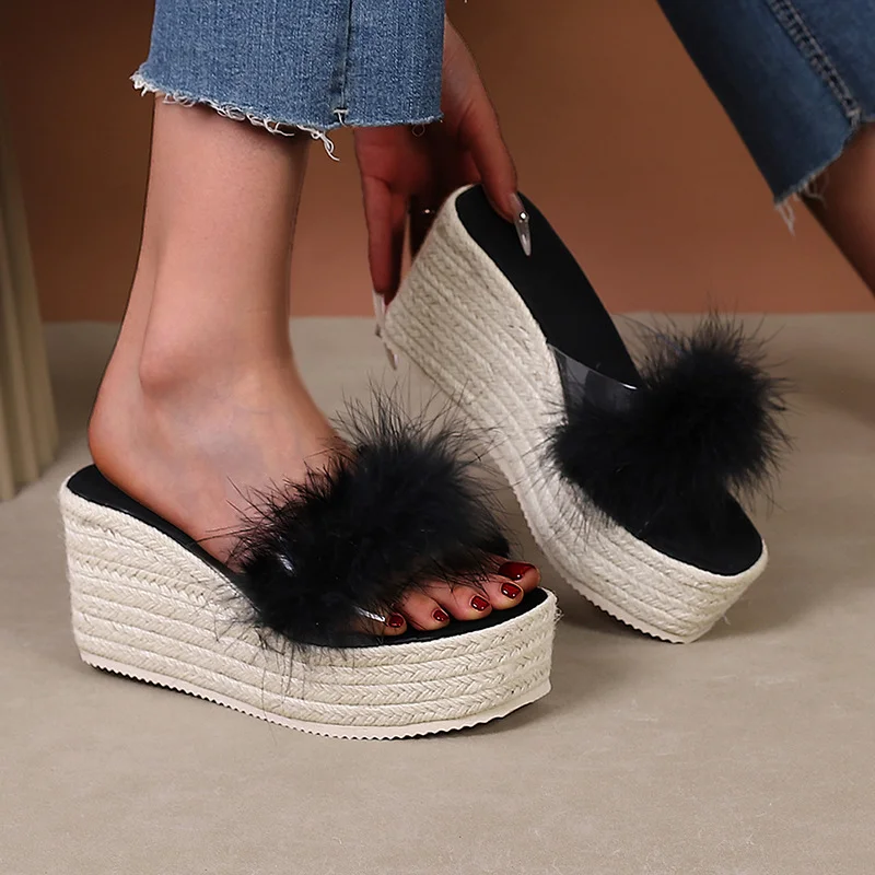 Wongn Wongn Slope With Thick Bottom High Heel A Word Drag Open-Toe Sandals Women's Wool Slippers Grass Hemp Rope Bottom