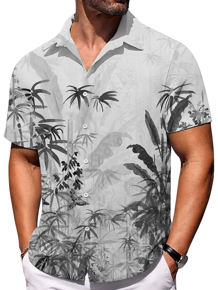 Men's Bamboo Floral Ombre Print Waffle Fabric Short Sleeve Shirt