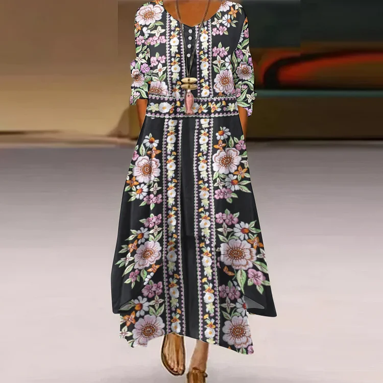 Embroidered Floral Pattern Flowy Maxi Long Dress
