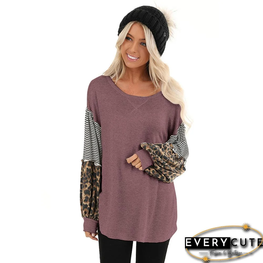 Rust Red Stripes and Leopard Print Puff Sleeve Tops