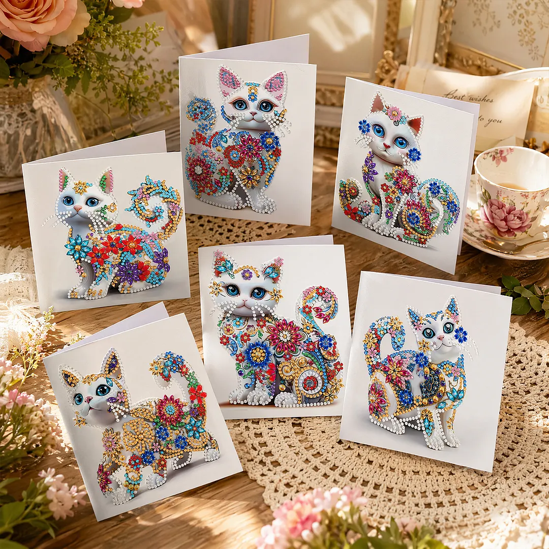 6pcs White Cat DIY Diamond Painting Greeting Card Kits with Envelopes Diamond Art Greeting Cards Diamond Art Cards Kits for Adults DIY Crafts Family Friend Gifts