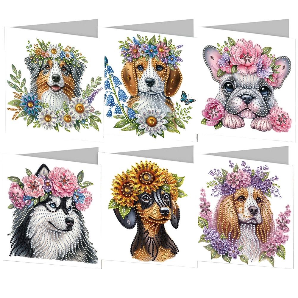 6pcs Flower Dog Diamond Art Cards DIY Handmade Diamond Painting Gift Card