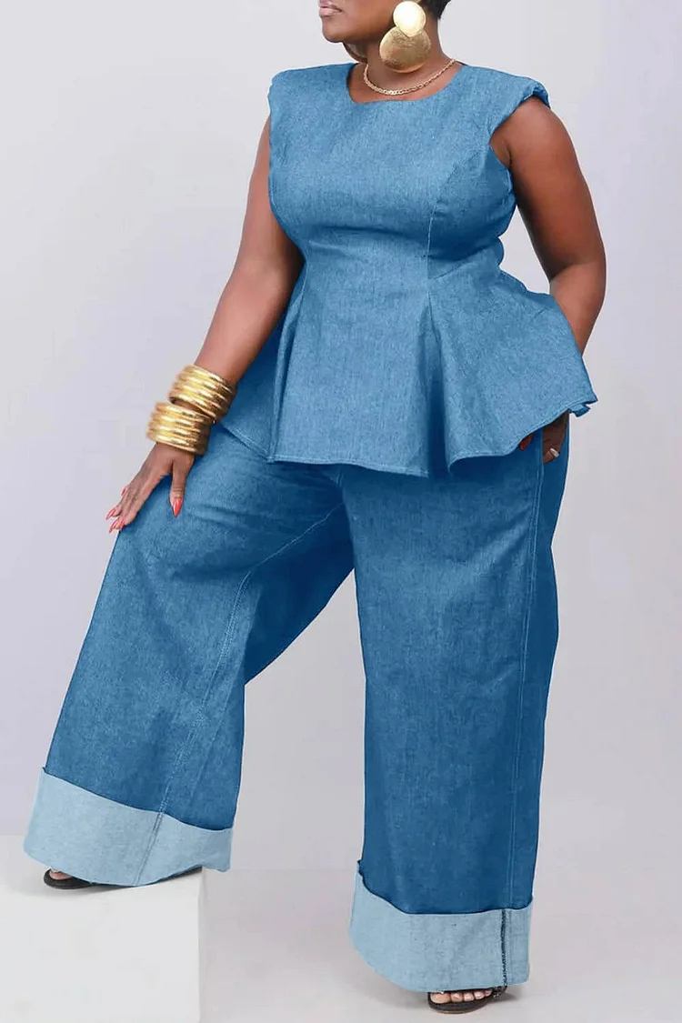 Plus Size Business Casual Blue Elegant Round Neck Pocket Ruffle Tencel Denim Two Piece Pant Sets [Pre-Order] 2024 - Xpluswear