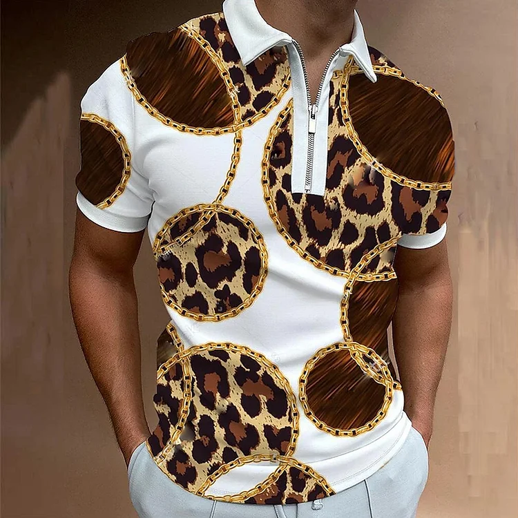 Leopard Print Casual Short Sleeve Tops Zipper Men's Polo Shirts at Hiphopee