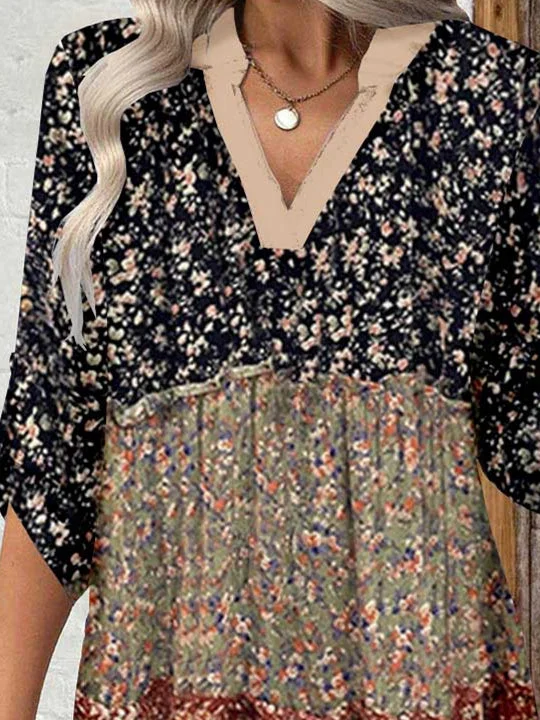 Women 3/4 Sleeve V-neck Floral Printed Graphic Button Tops