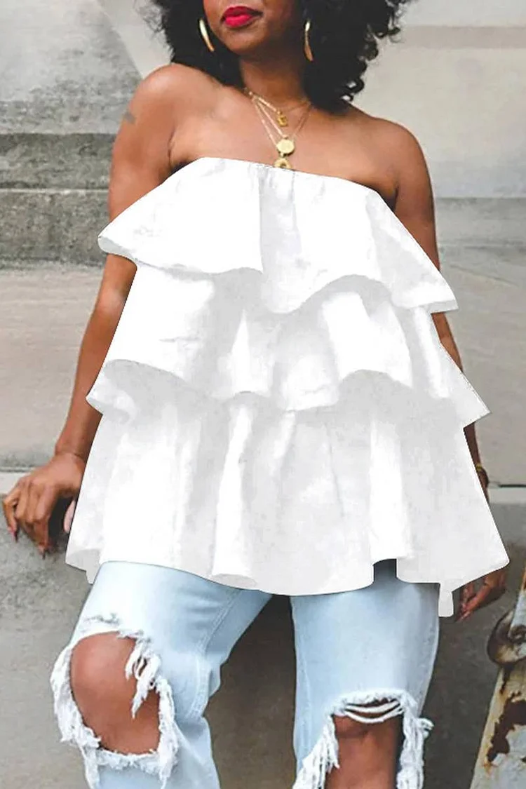 Plus Size White Daily Bandeau Sleeveless Overlay Ruffle Blouse 
