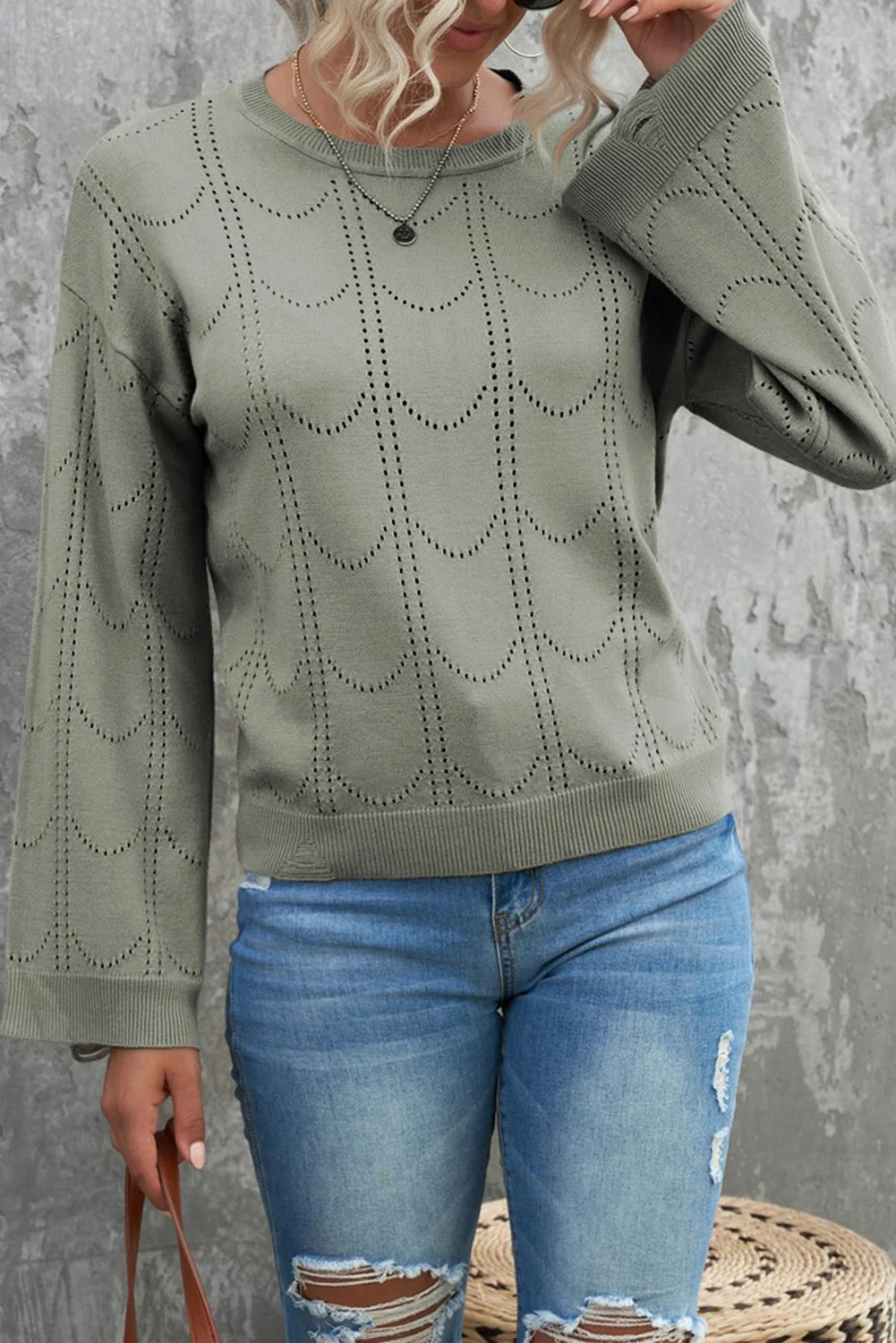 Gray Flare Sleeve Texture Knit Sweater | IFYHOME