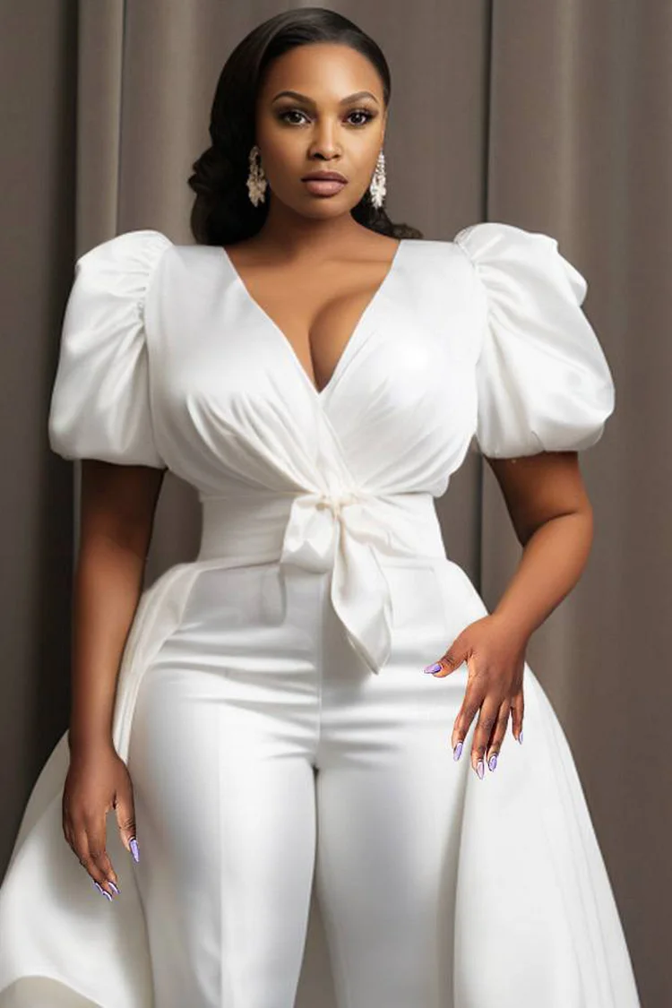 Xpluswear Design Plus Size Formal Elegant White V Neck Puff Sleeve Short Sleeve Detachable Overskirt Pocket Satin Jumpsuits [Pre-Order]