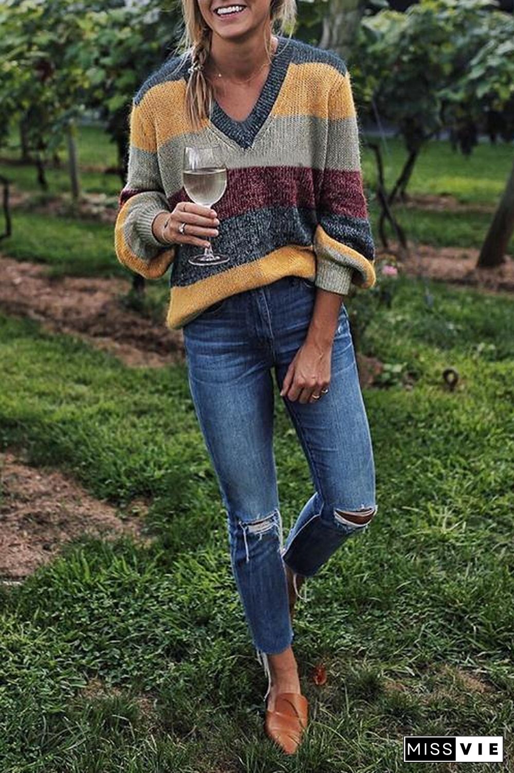 V Neck Patchwork Striped Sweaters