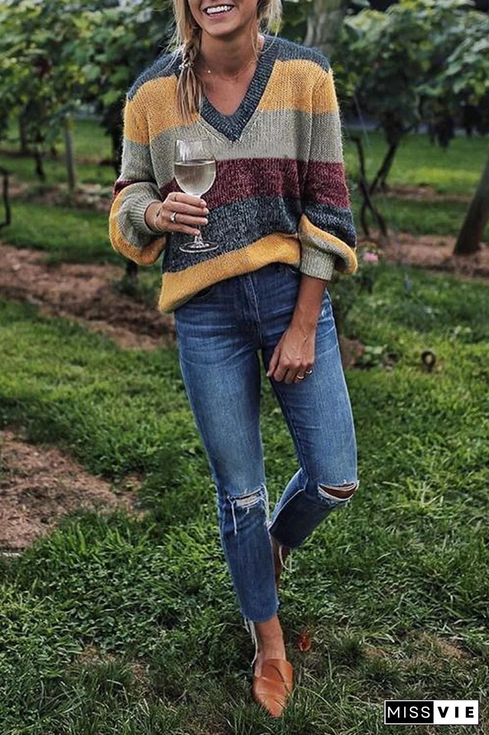 V Neck Patchwork Striped Sweaters