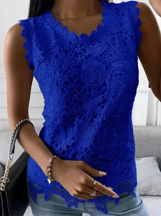 Women Sleeveless Scoop Neck Solid Color Lace Tops