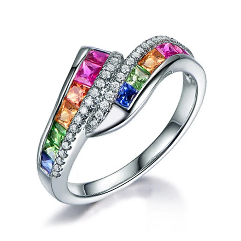 Huitan Rainbow CZ Finger Ring for Women Geometric Fashion Colorful Cubic Zirconia Female Ring Dance Party Gift Statement Jewelry