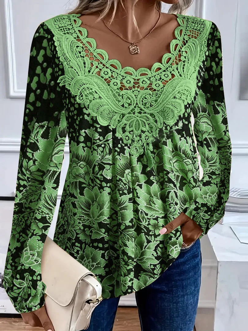 Women plus size clothing Women's Long Sleeve Scoop Neck Lace Stitching Floral Printed Top-Nordswear