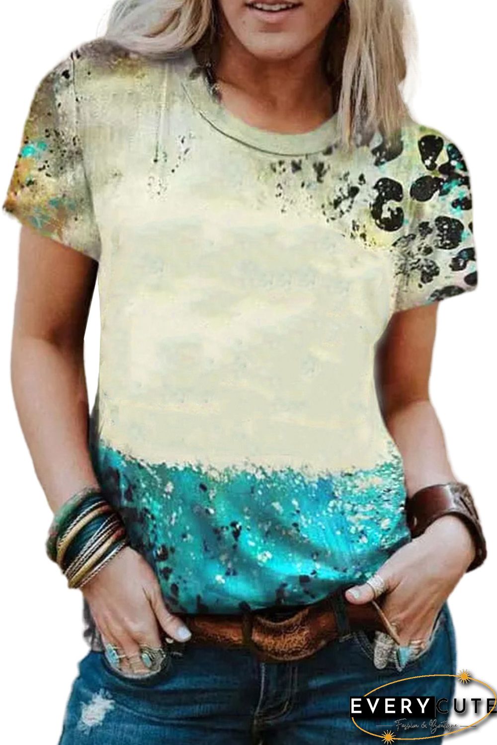 Sky Blue Leopard Tie-dye Bleached T-shirt