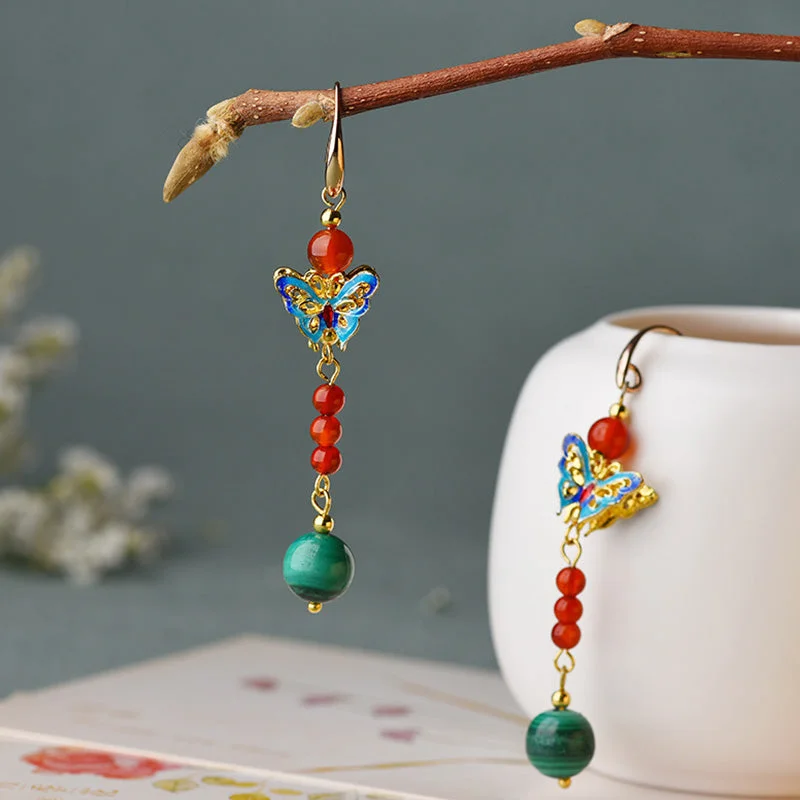 Malachite Bead Butterfly Protection Drop Earrings