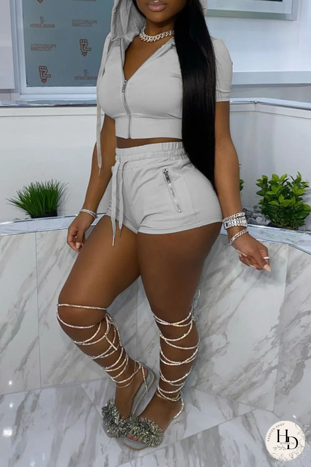 Rose Red Casual Solid Patchwork Zipper Hooded Collar Short Sleeve Two Pieces