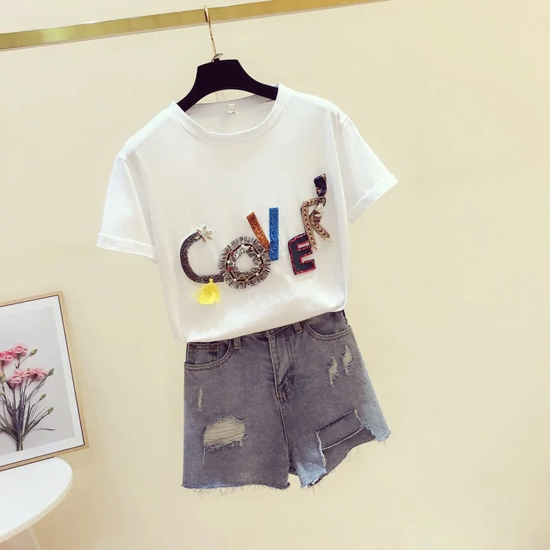 NEEDBO T shirt Women Cotton Casual O-Neck Sexy T-shirt Women Oversize Letter Tshirt Femme White Tees Tops Tee Shirt Femme