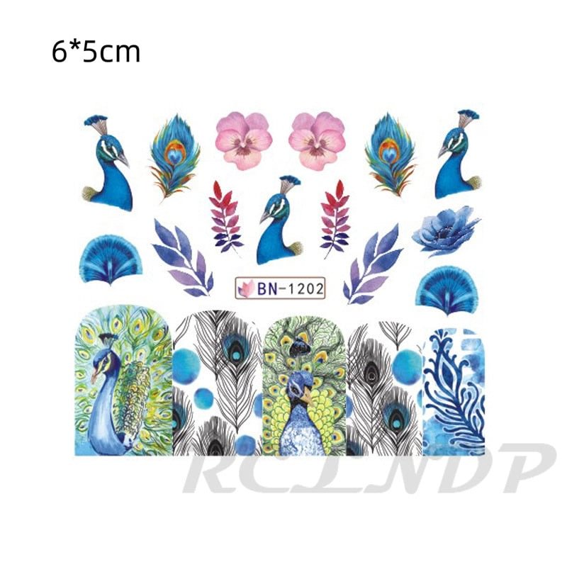 Nail Water Sticker Decoration Slider Cartoon Animal Peacock Flower Adhesive Decal Manicure Lacquer Accessories