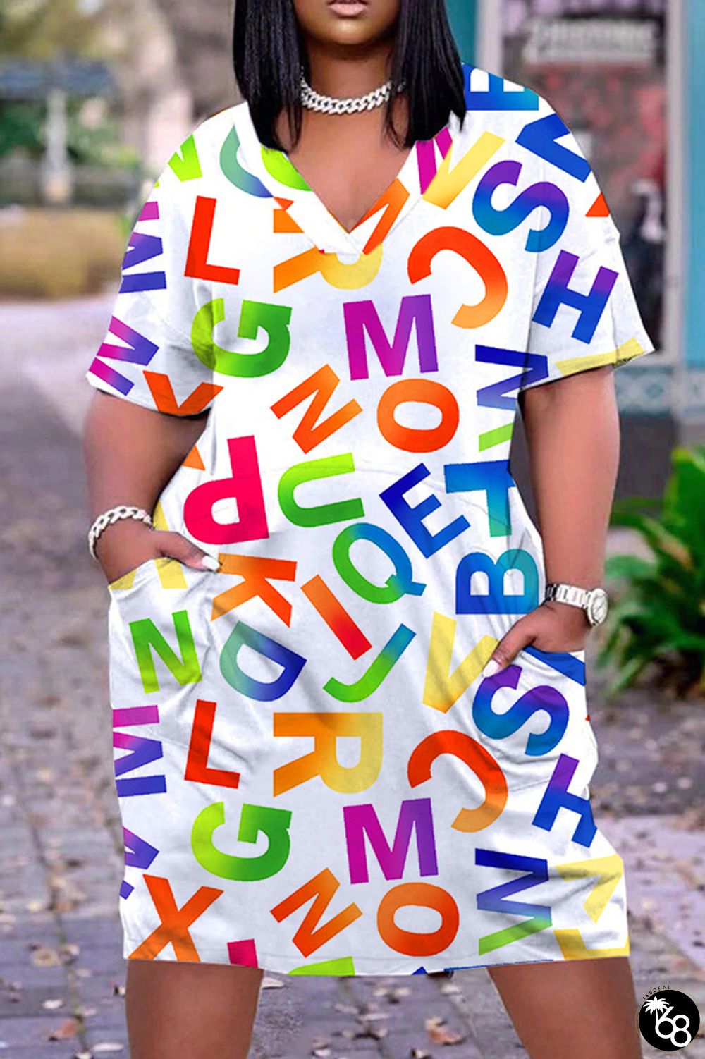 Colour Casual Print Basic V Neck Short Sleeve Dress Dresses | 168DEAL
