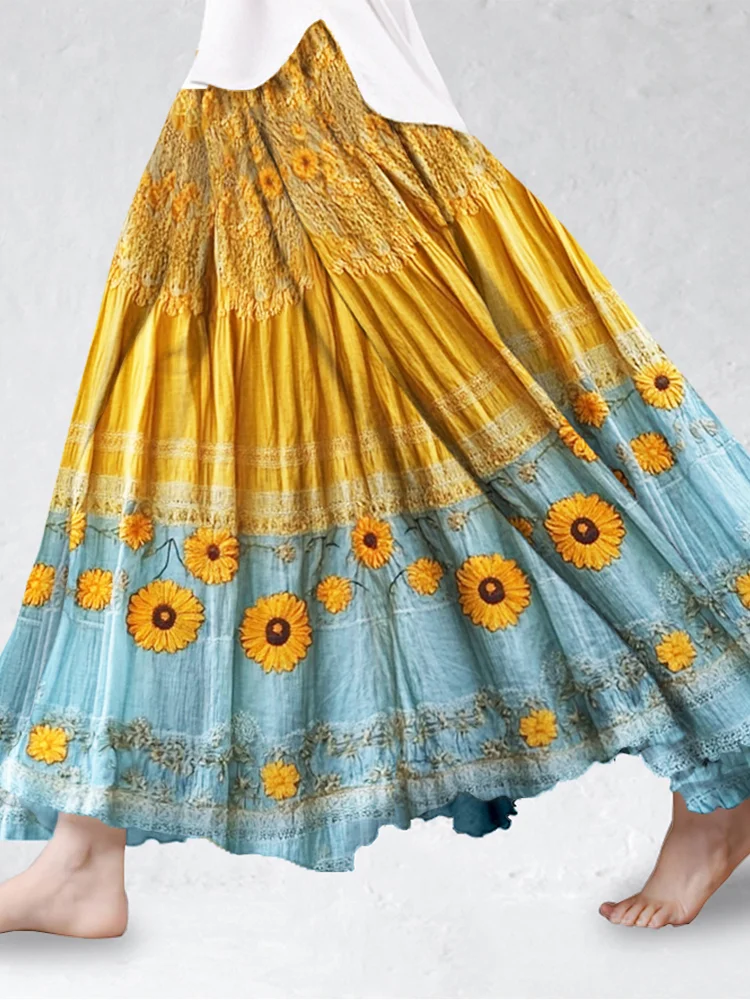 VChics Boho Sunflowers Embroidered Flowy Linen Skirt