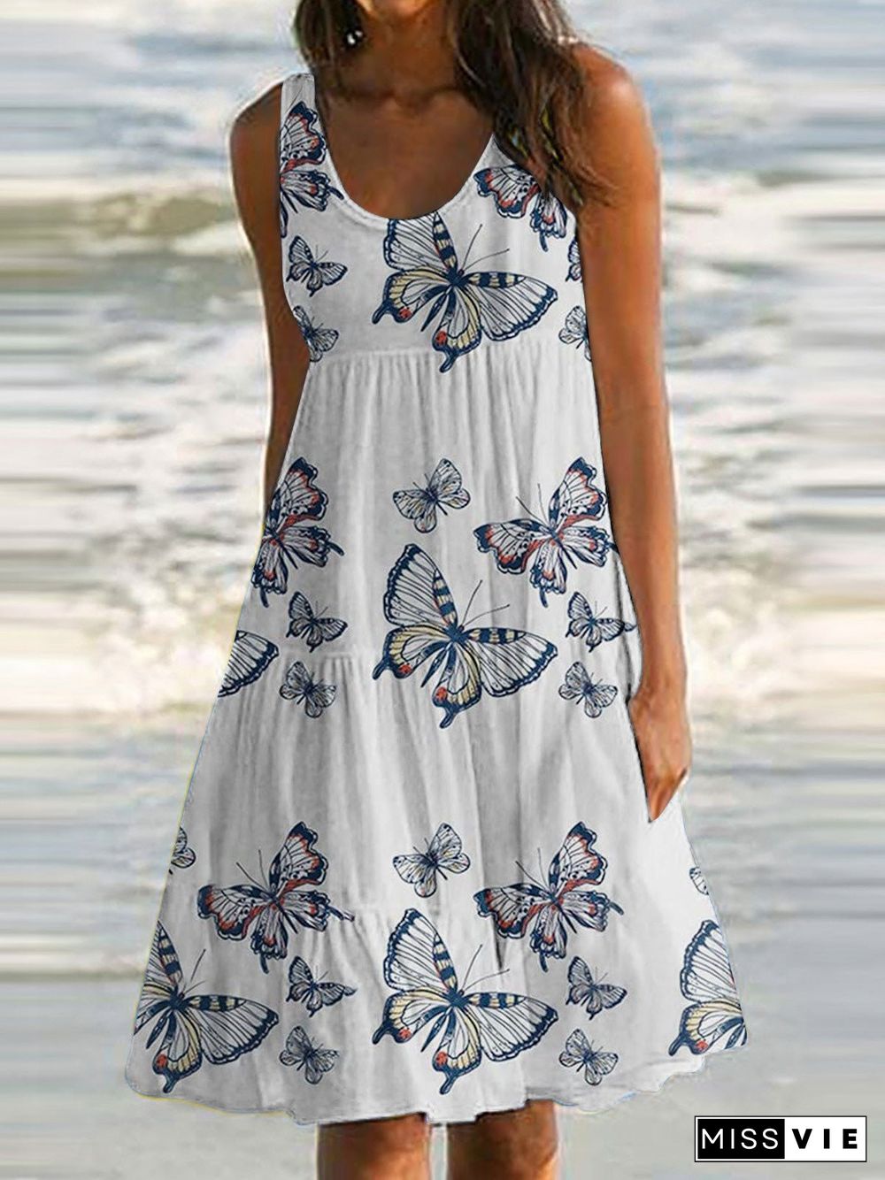 Women'S Dresses Butterfly Print Crew Neck Sleeveless Dress