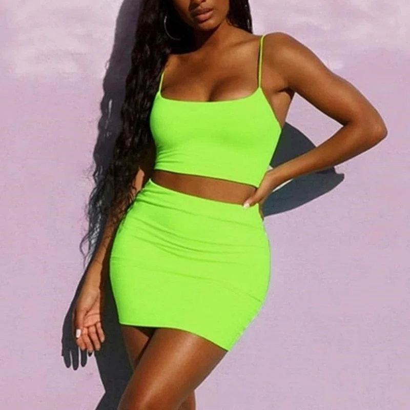 Straps Sexy Camis Skirt 2 Two Piece Set 2021 Summer Women Fashion Neon Green Orange Solid Party Streetwear