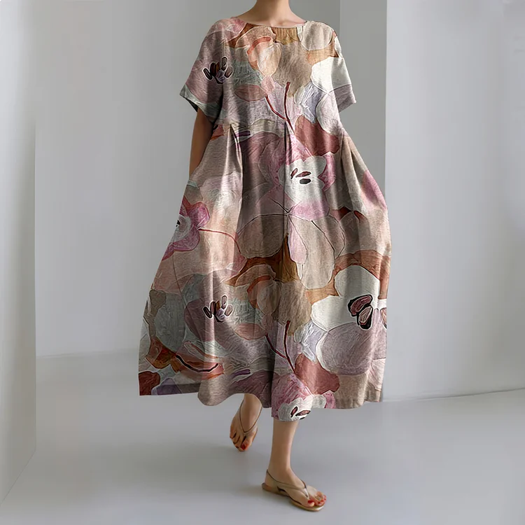 Pink Floral Art Painting Linen Blend Maxi Dress