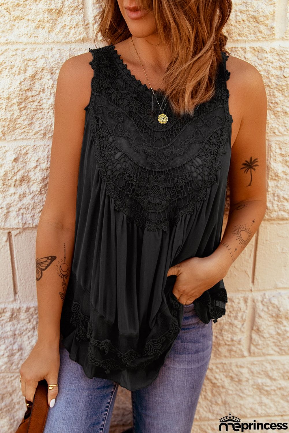 Lace Detail Buttons Back Sleeveless Top