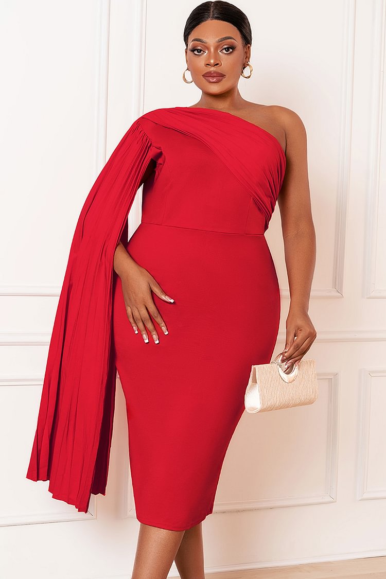 Xpluswear Design Plus Size Red Daily Oblique Shoulder Bodycon Flared Sleeve Midi Dress