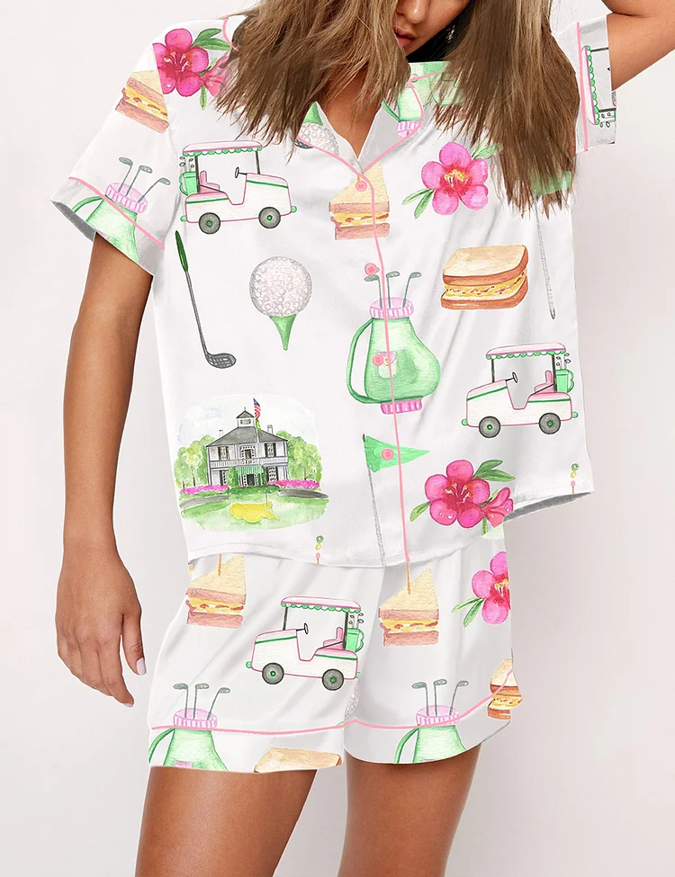 Women&rsquo;s Golf Masters Augusta Watercolor Golf Print Short Sleeve Satin Pajama Set