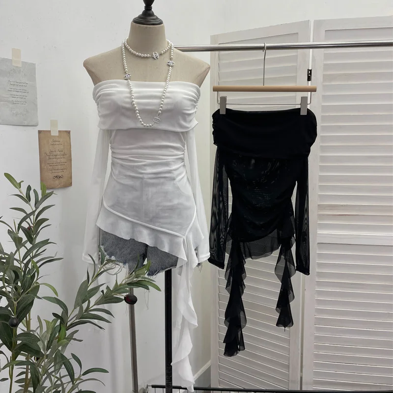 Nigikala Nigikala Shot A Word Shoulder Folded Top Girl Spring And Summer Side-Sleeve Strap Design French Long-Sleeved Mesh T-Shirt 9275