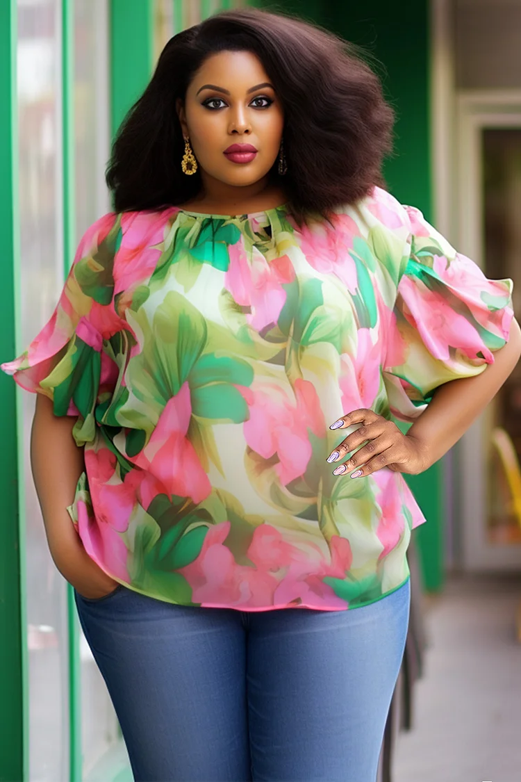 Xpluswear Design Plus Size Vacation Multicolor Casual Floral Round Neck Short Sleeve Blouses 2024 - Xpluswear