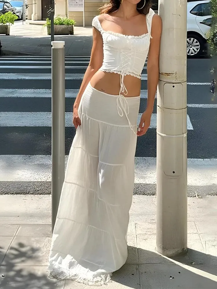 Brownm Lace Up Crop Top & Maxi Skirt Two Piece Set