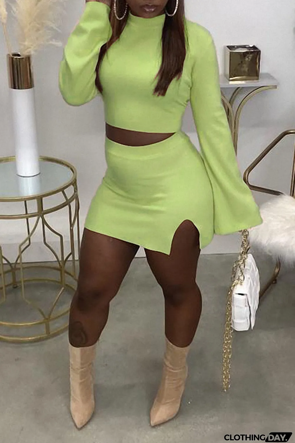 Light Green Casual Solid Split Joint Slit Half A Turtleneck Long Sleeve Two Pieces